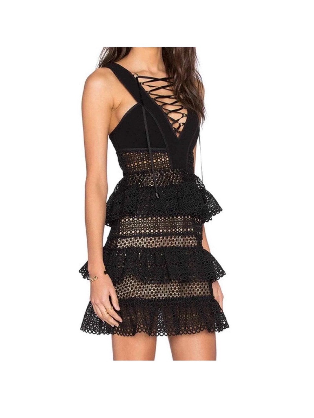 Self-Portrait Black Lace-Up Tiered Eyelet Mini Dress